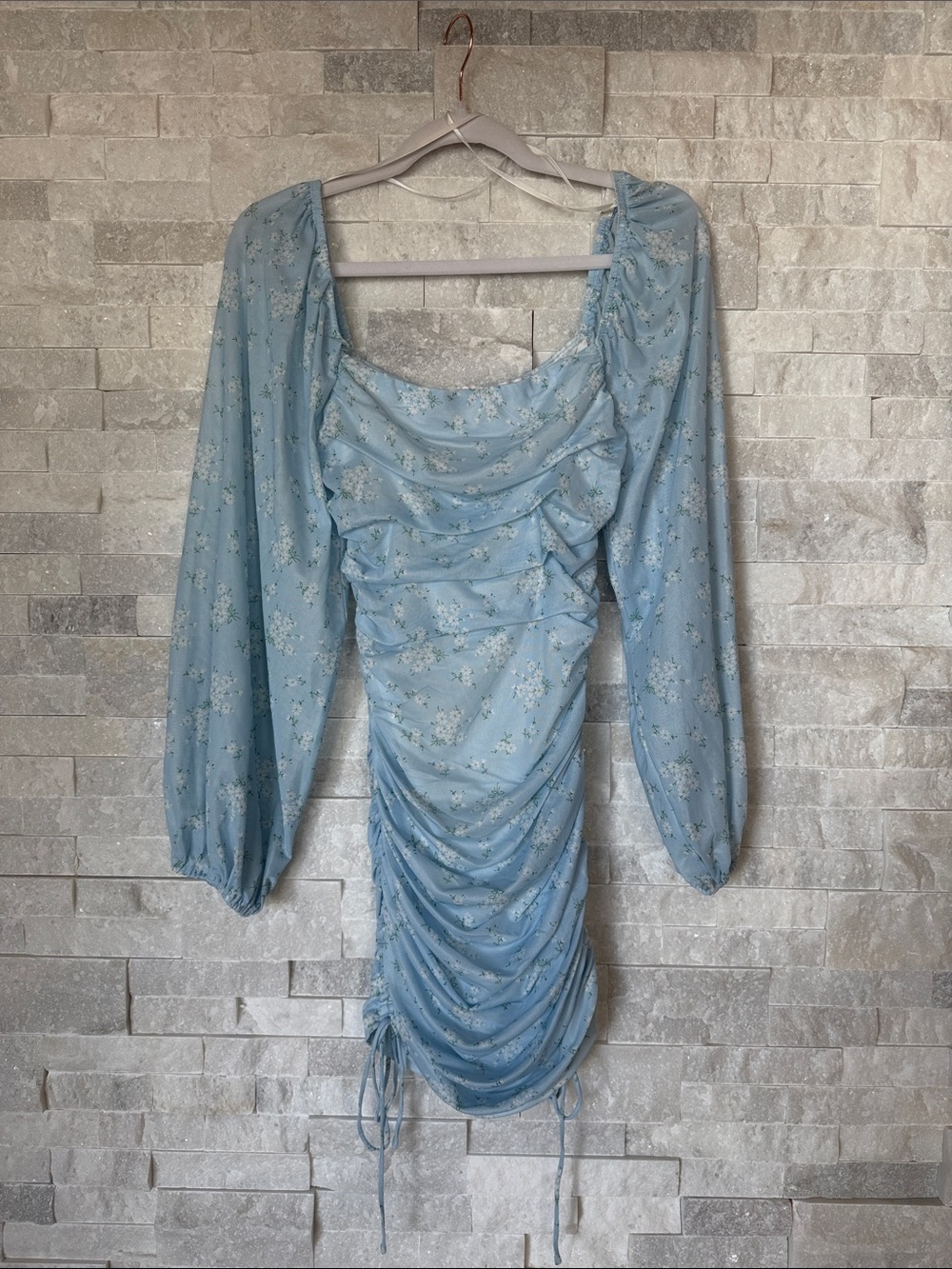 Hello Molly Pale Blue Floral Ruched Long-Sleeve Mini Dress